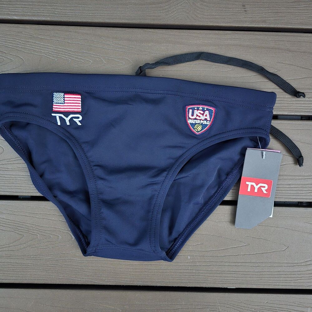 TYR Durafast Elite Water Polo Breakaway Swimwear Men Navy Racer Briefs Sz 26 New